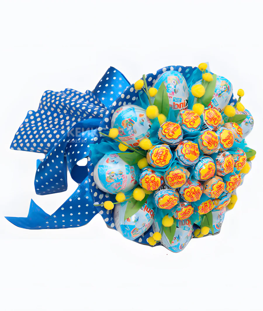 Букет из чупа чупсов и киндеров в голубом цвете Фото