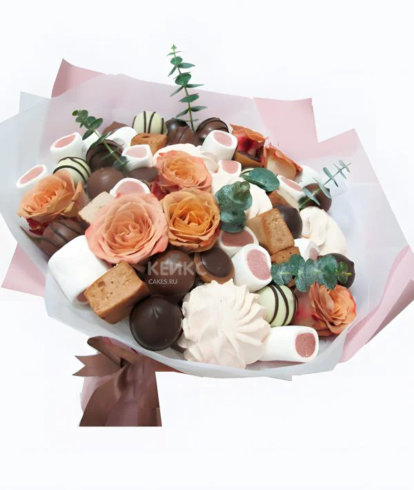 Букет из конфет и цветов Фото