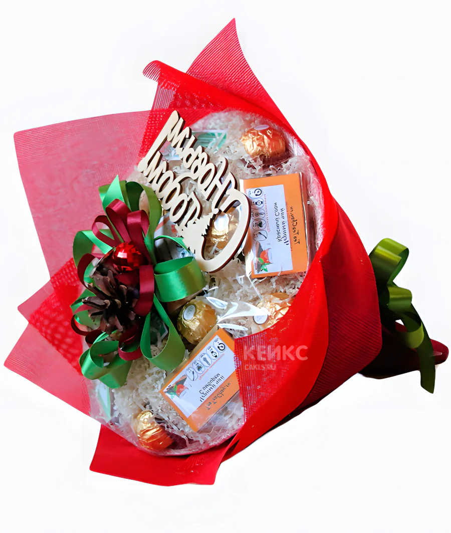 Букет на новый год из конфет и чая 3 Фото