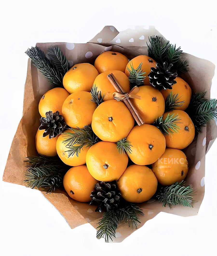 Букет на новый год из мандарин и еловых веток 1 Фото