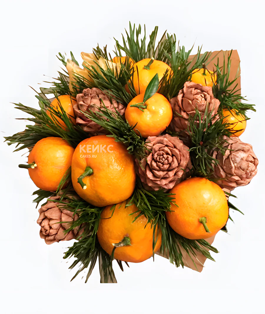 Букет на новый год из мандарин и еловых веток 2 Фото
