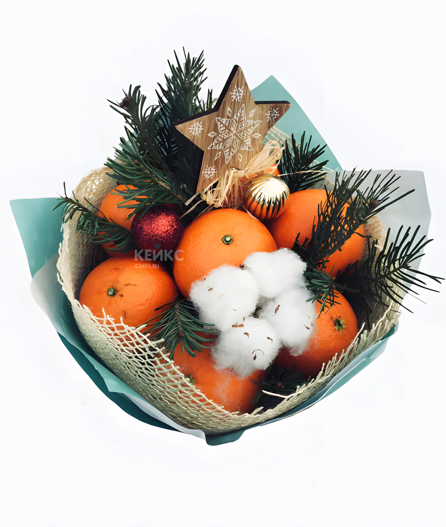 Букет на Новый год из мандарин и еловых веток 5 Фото