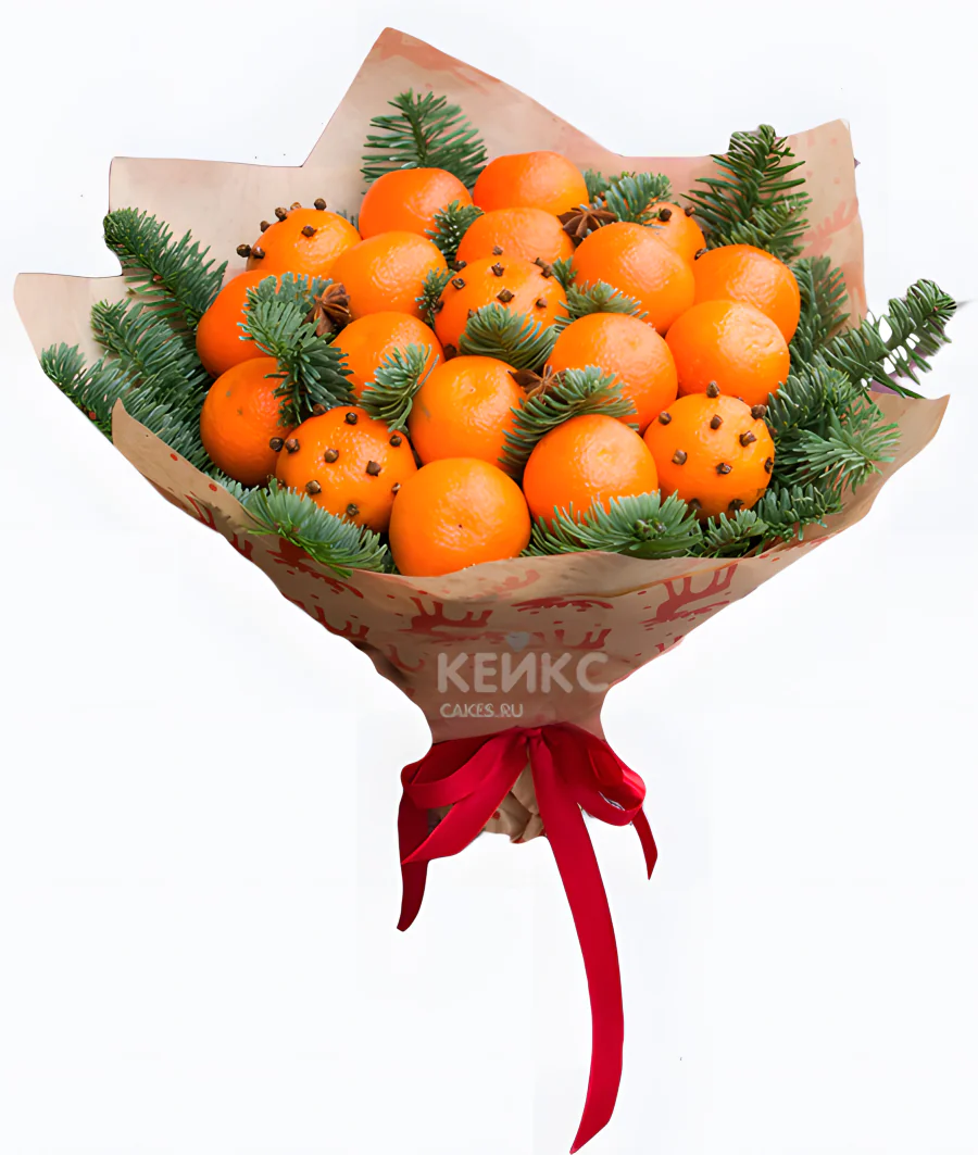 Букет на Новый год из мандарин и еловых веток 6 Фото