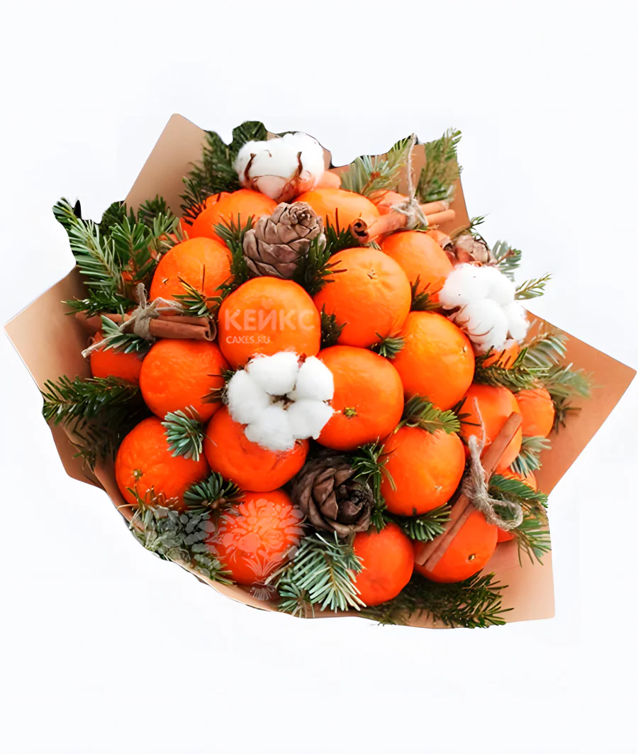 Букет на Новый год из мандарин и еловых веток 7 Фото