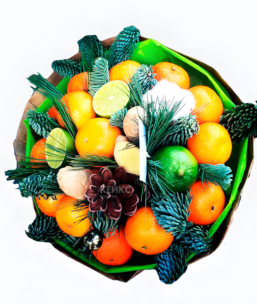 Букет на Новый год из мандарин и еловых веток 8 Фото