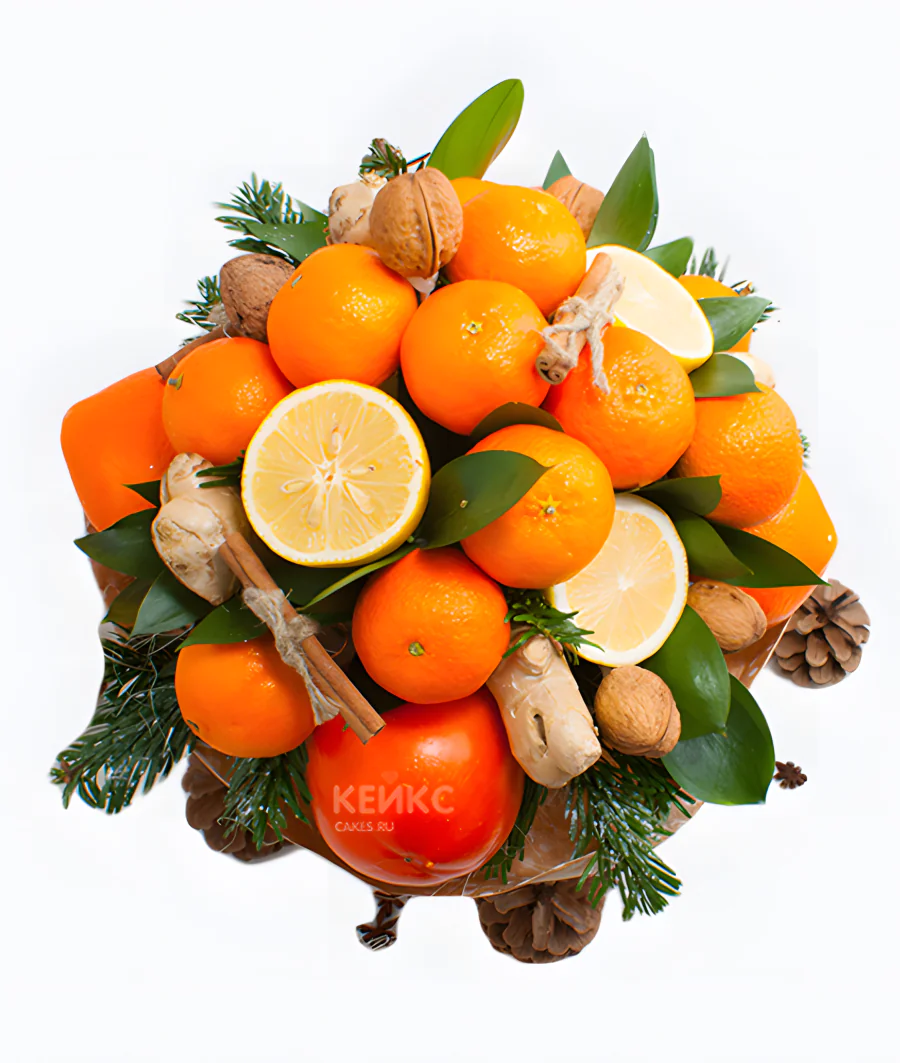 Букет на Новый год из мандарин и еловых веток Фото