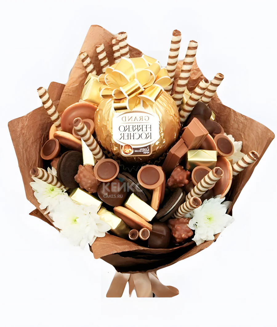 Букет с конфетами Ферреро роше и шоколадными батончиками Фото