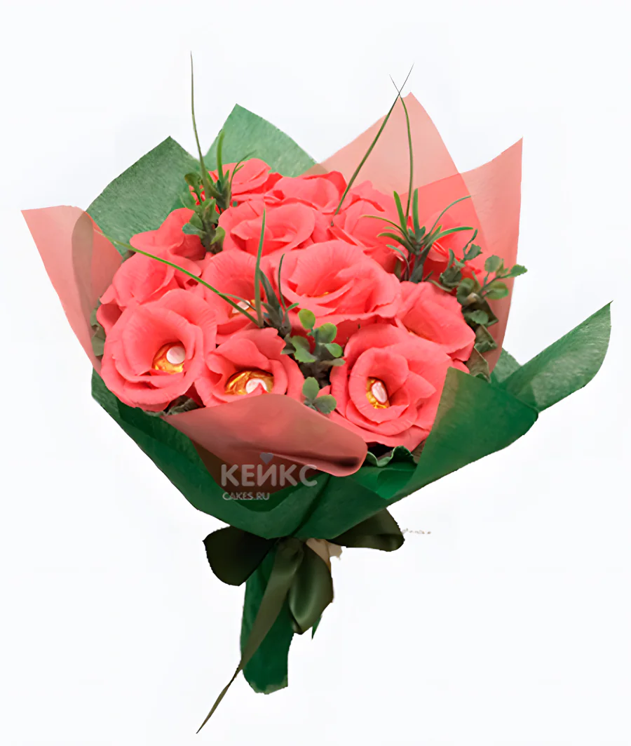 Букет с конфетами и розами Фото