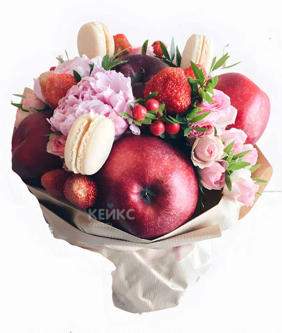 Букет с макаруни и фруктами 1 Фото