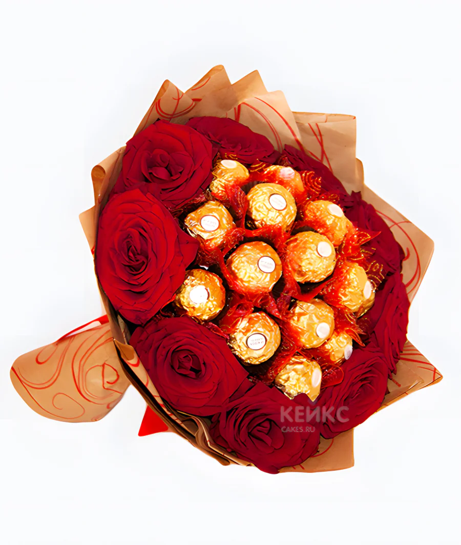 Букет с шоколадом и розами Фото