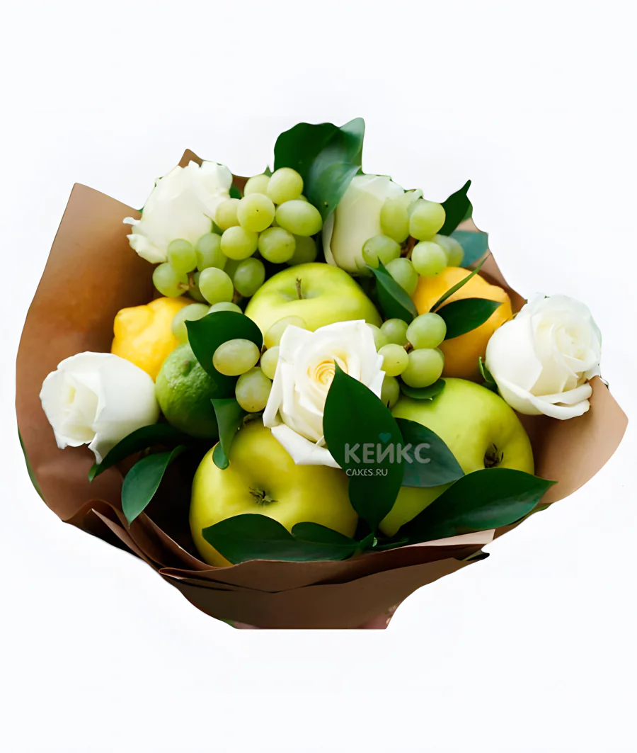 Букет с виноградом, цветами и желтыми лимонами Фото