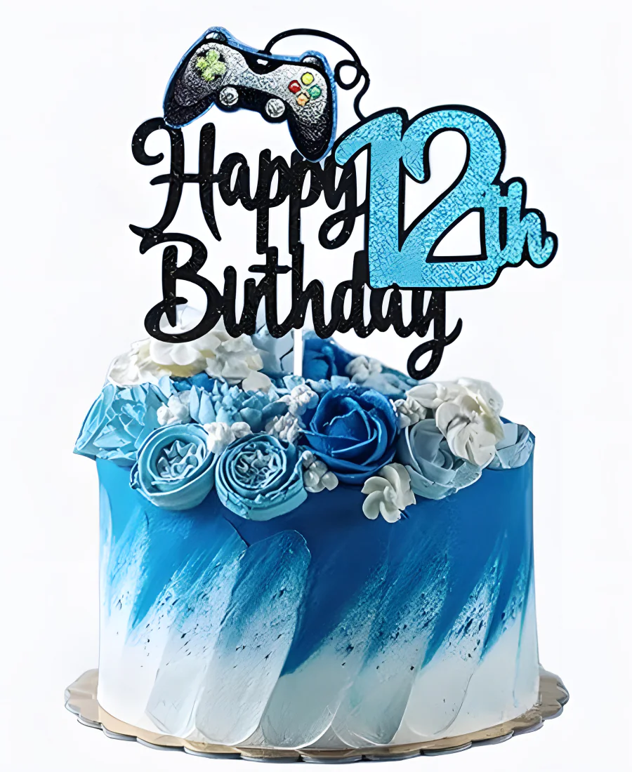Синий торт с джойстиком и цветами Фото