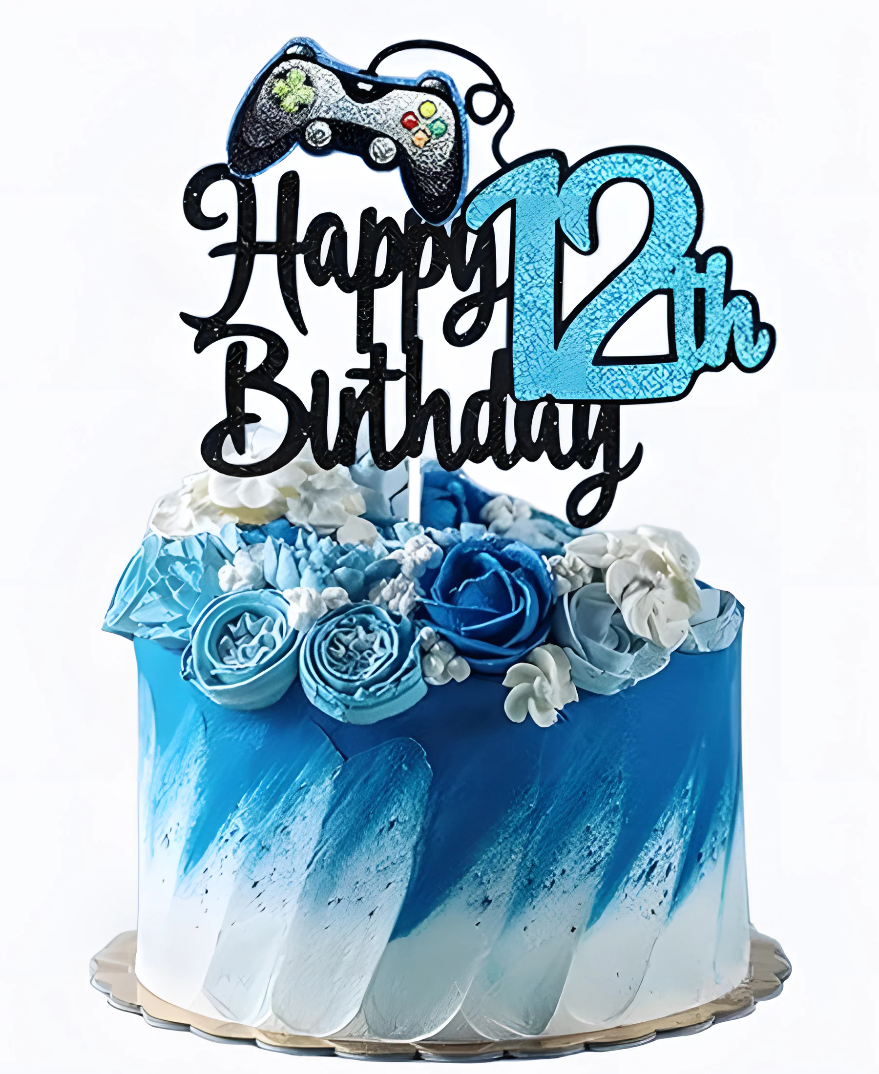 Синий торт с джойстиком и цветами Фото