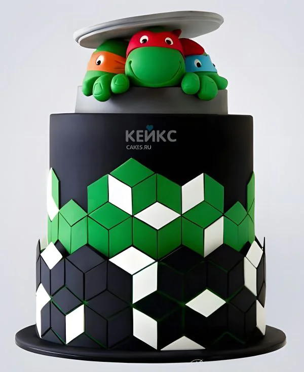 Черный торт Черепашки ниндзя с зелеными кубами Фото