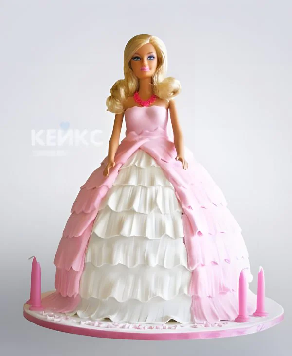 Детский торт Барби в бело-розовом платье Фото