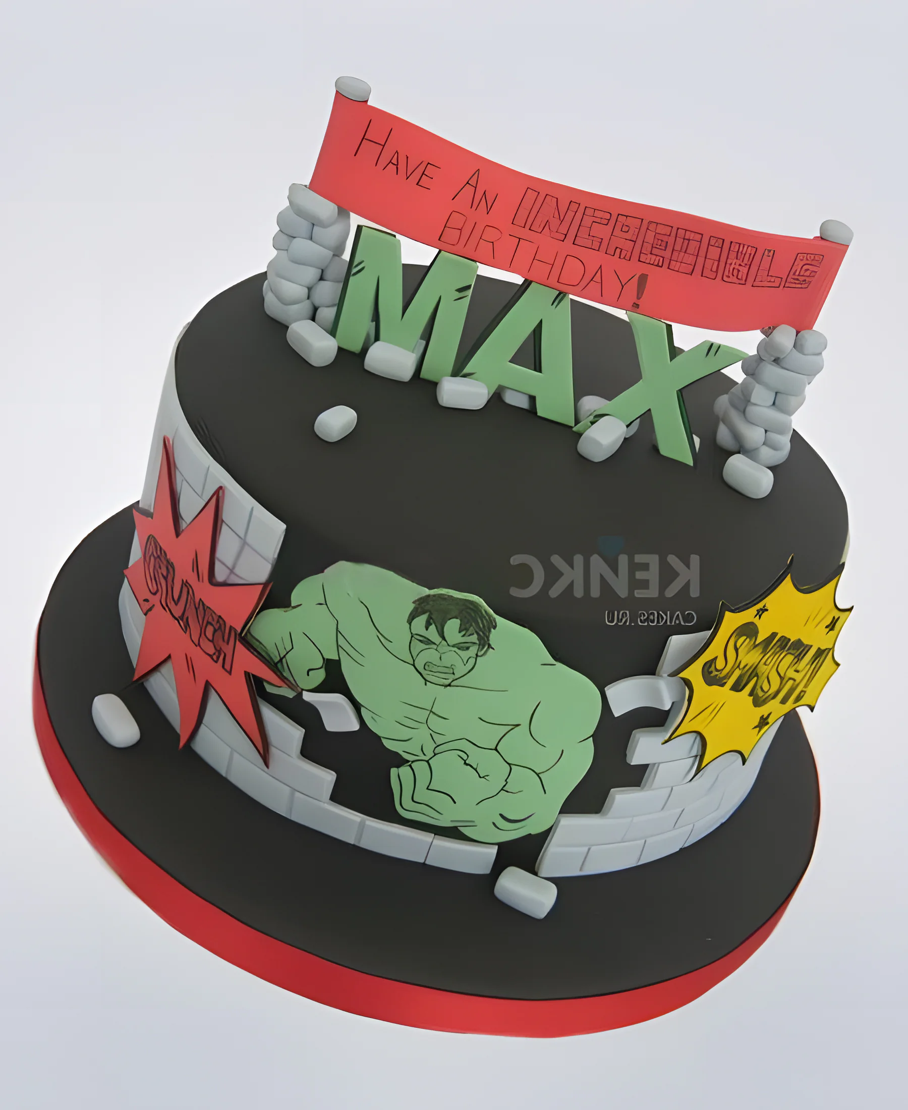Детский торт для мальчика с Халком и плакатом из мастики Фото