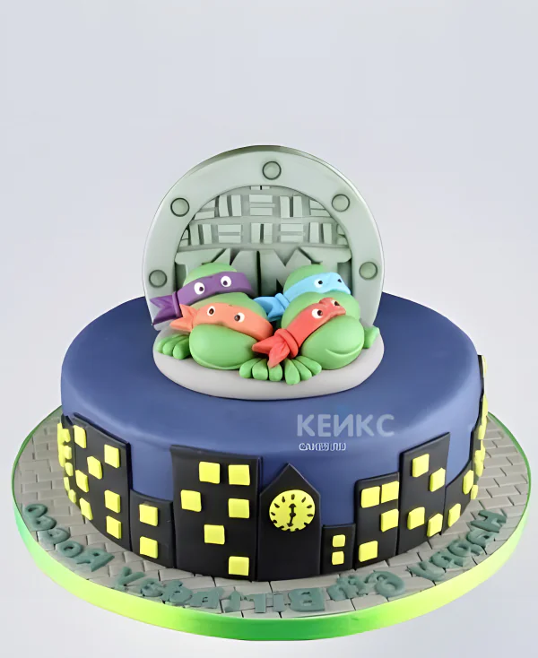 Фиолетовый торт Черепашки ниндзя с люком и ночным городом Фото