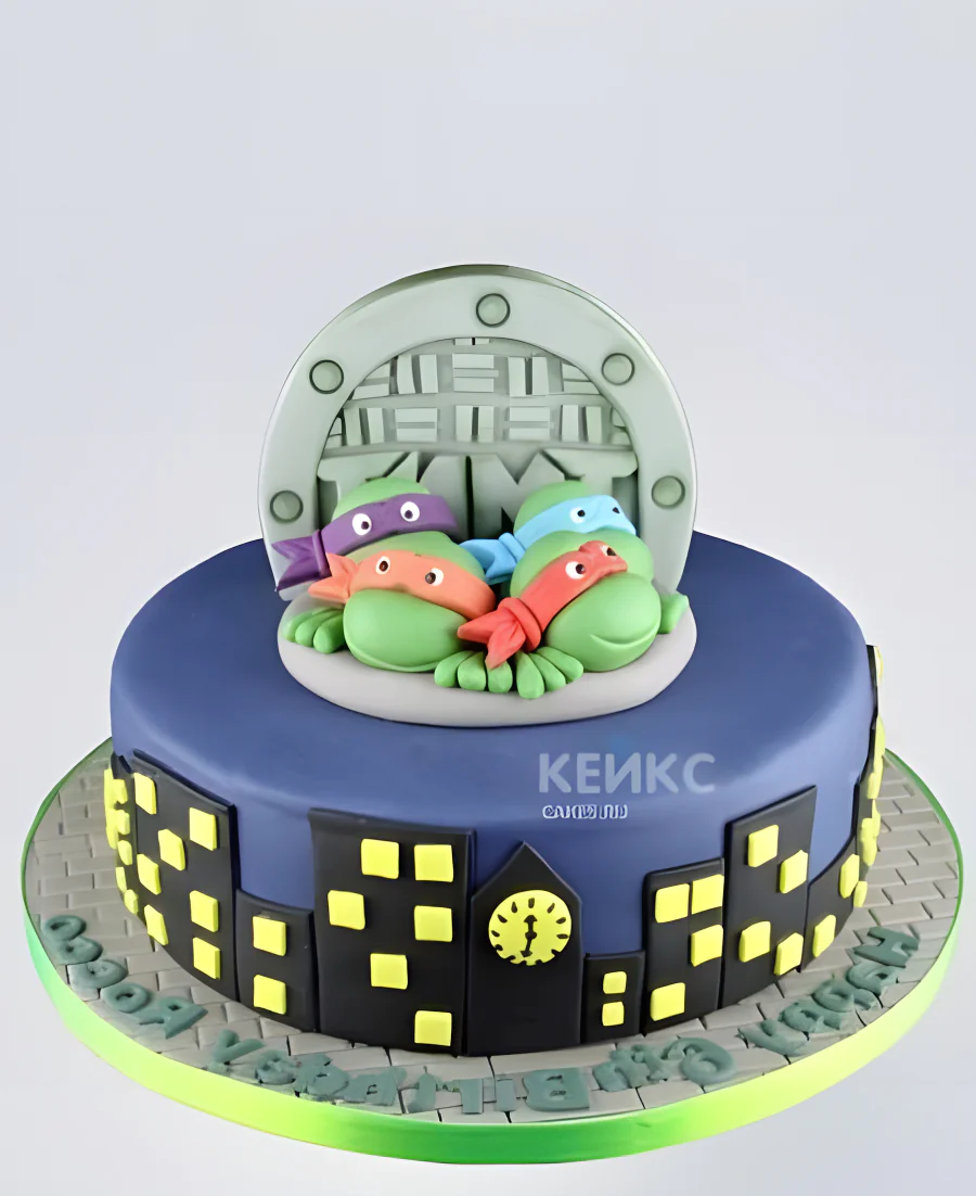Фиолетовый торт Черепашки ниндзя с люком и ночным городом Фото