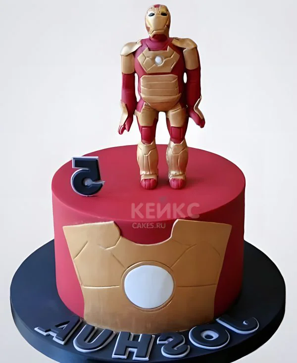 Красно-желтый торт с фигуркой Железного человека и цифрой Фото