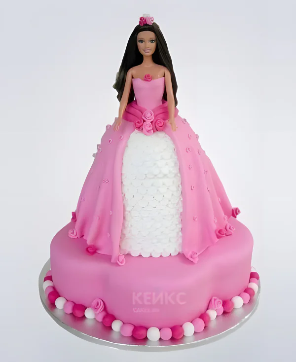 Торт Барби с темными волосами в бело-розовом платье Фото