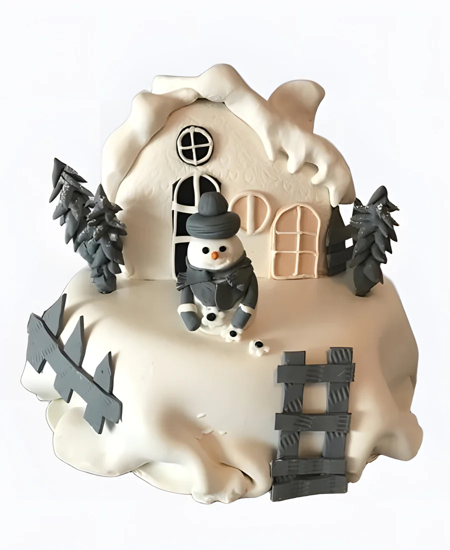 Торт Зимний домик со снеговиком Фото