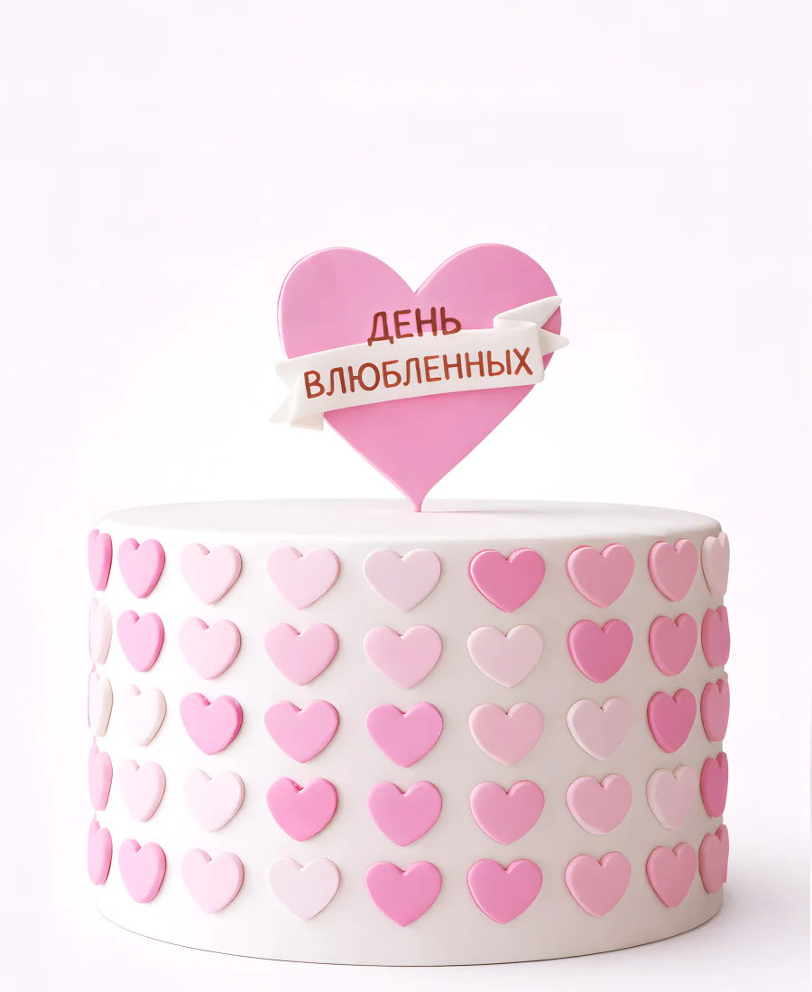 Торт с розовыми сердечками на 14 февраля Фото
