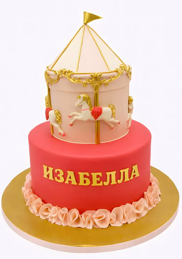 Торт в виде красно-розовой карусели Фото
