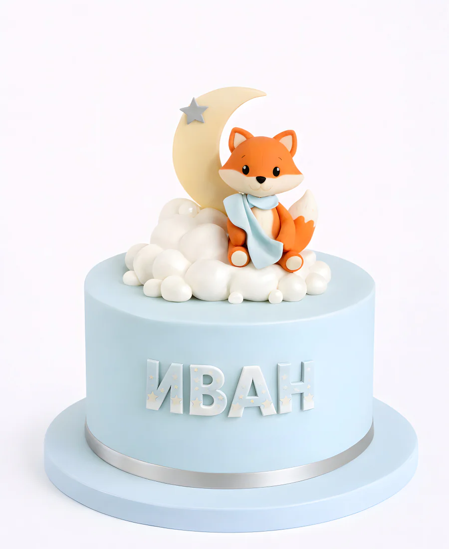 Яркий голубой торт с серебристыми звездами и мишкой на луне Фото