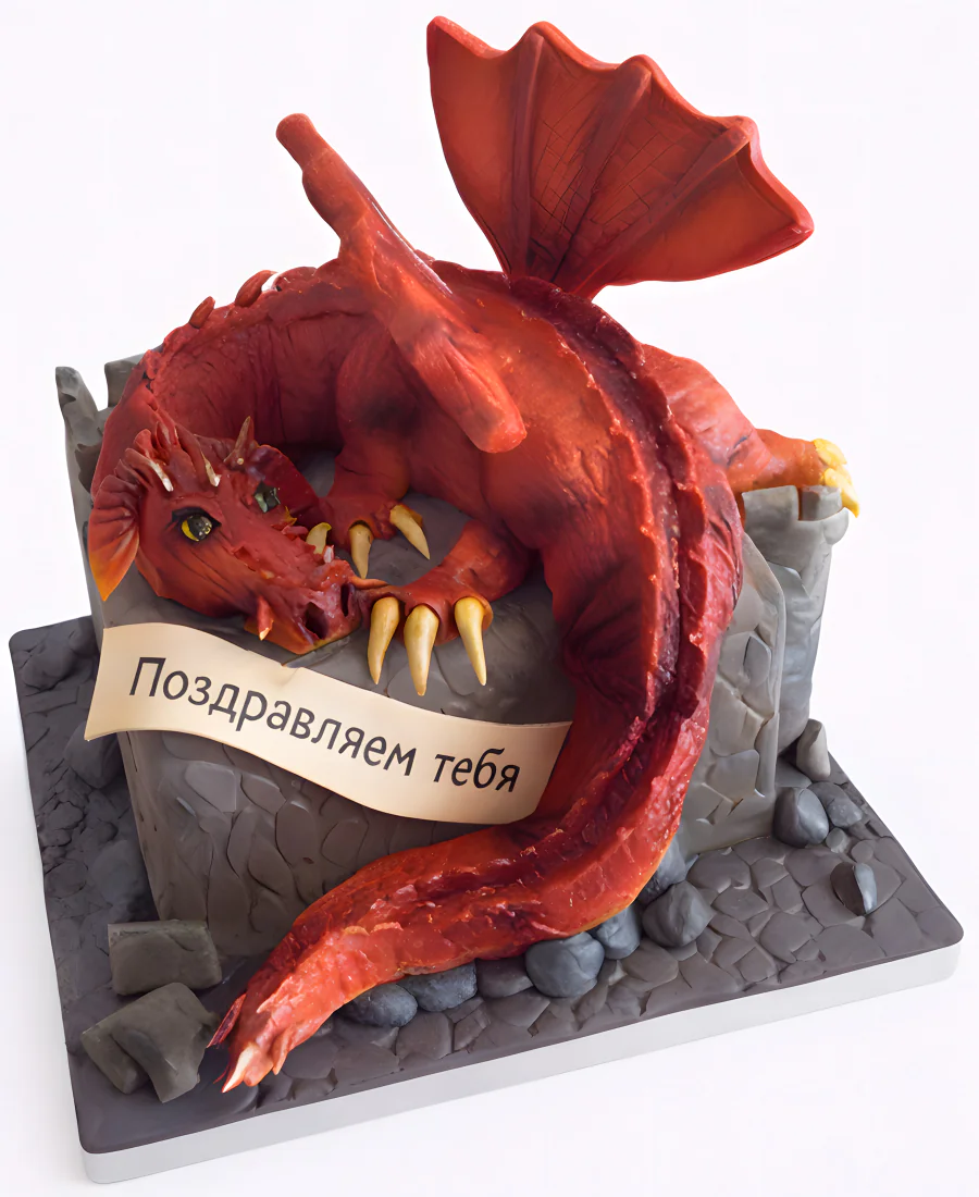 Торт красный дракон на камне Фото
