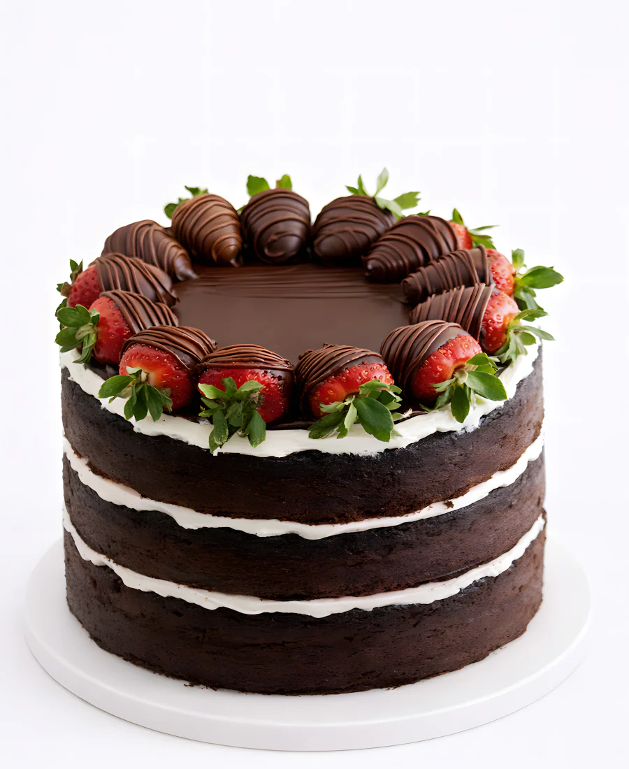 Торт с открытыми шоколадными коржами и клубникой Фото