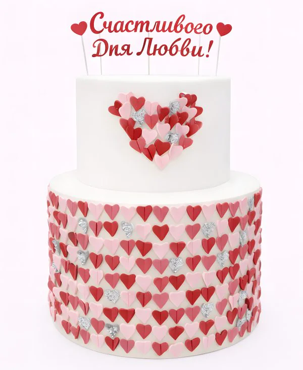 Торт на 14 февраля с разноцветными сердечками Фото