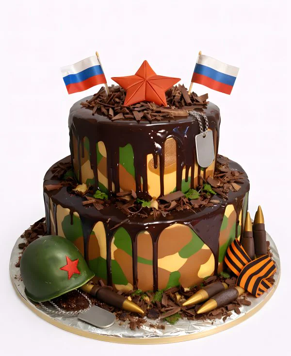 Пятнистый торт с шоколадной глазурью на 23 февраля Фото