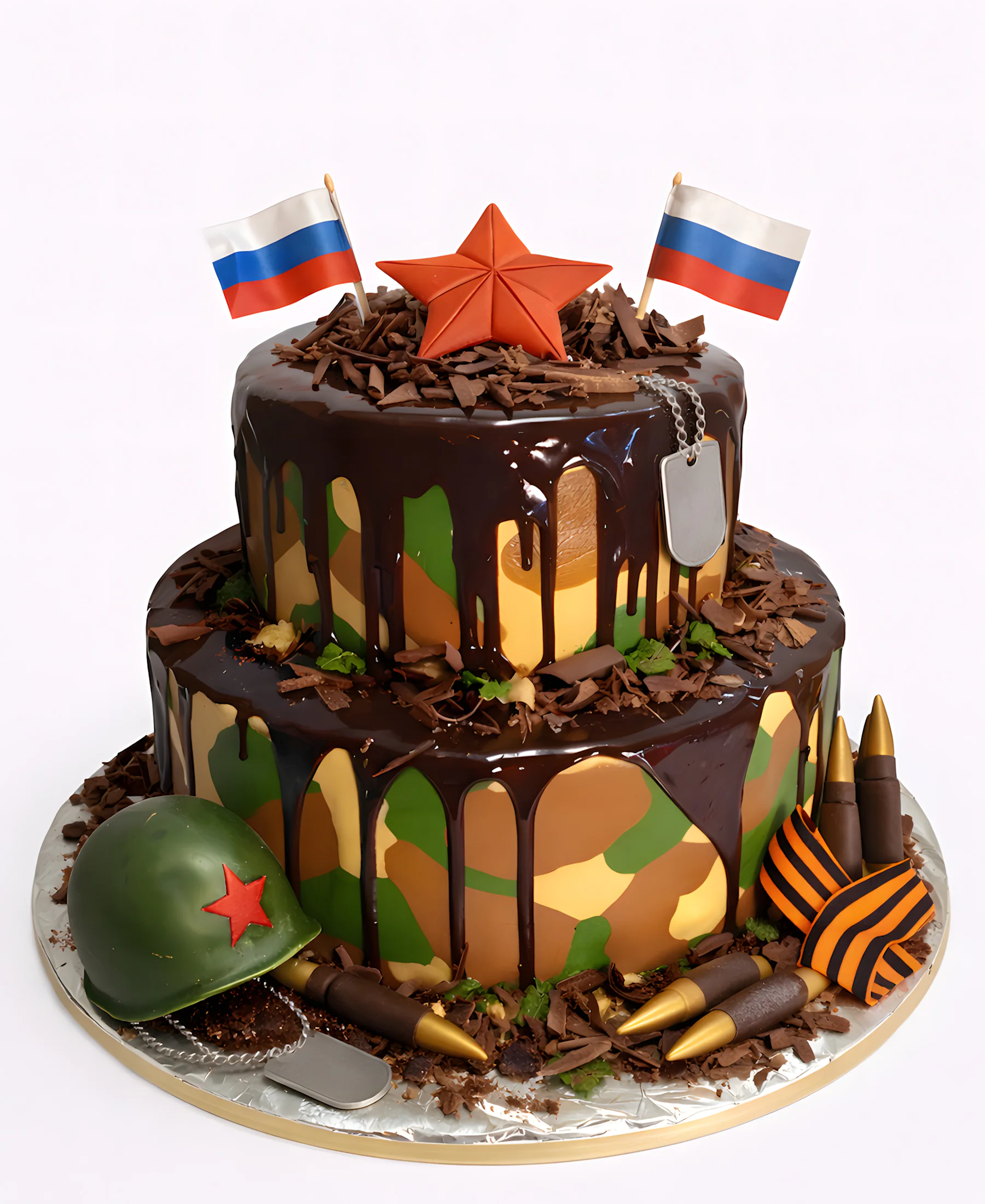 Пятнистый торт с шоколадной глазурью на 23 февраля Фото