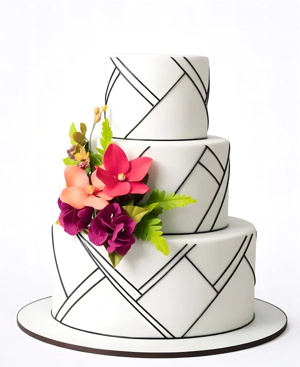 Торт в строгом стиле с цветами из мастики Фото