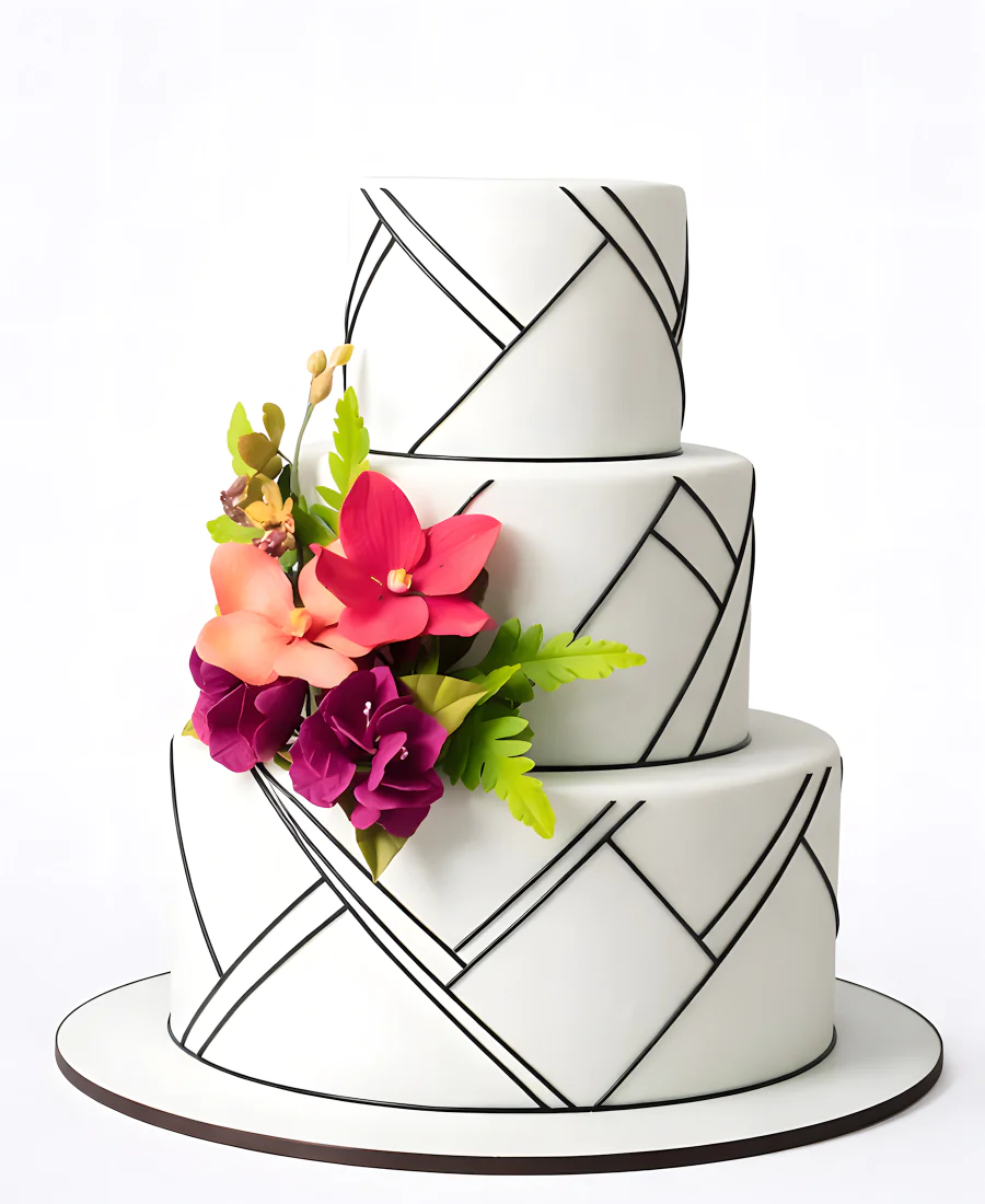 Торт в строгом стиле с цветами из мастики Фото