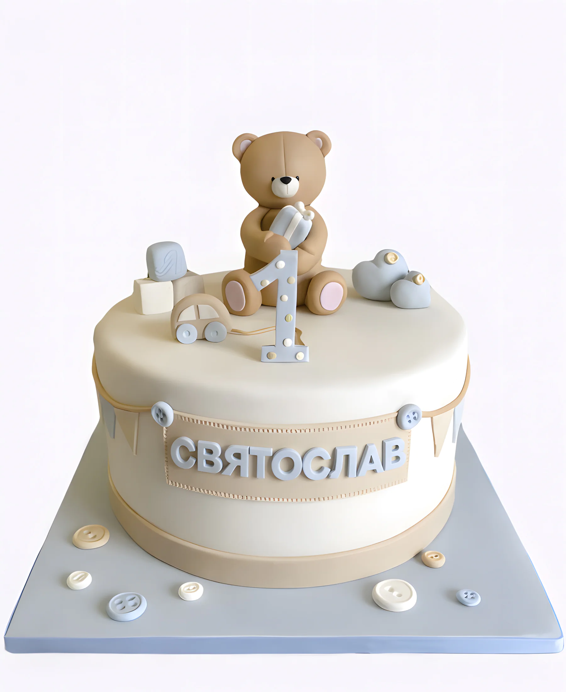 Торт с машинкой и мишкой с подарком Фото