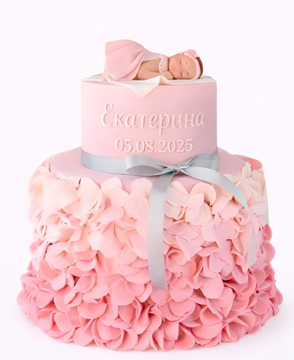 Детский розовый торт с цветами и младенцем Фото