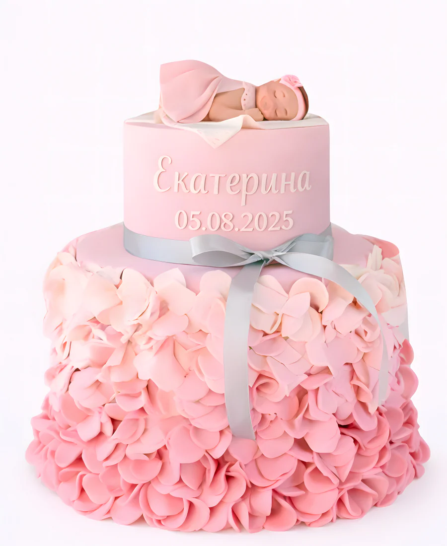 Детский розовый торт с цветами и младенцем Фото