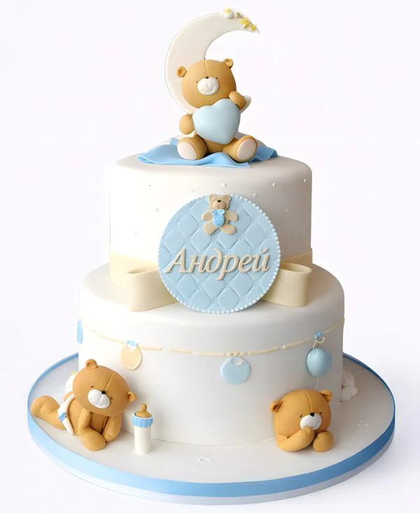 Торт для новорожденного мальчика с мишками и надписью Фото