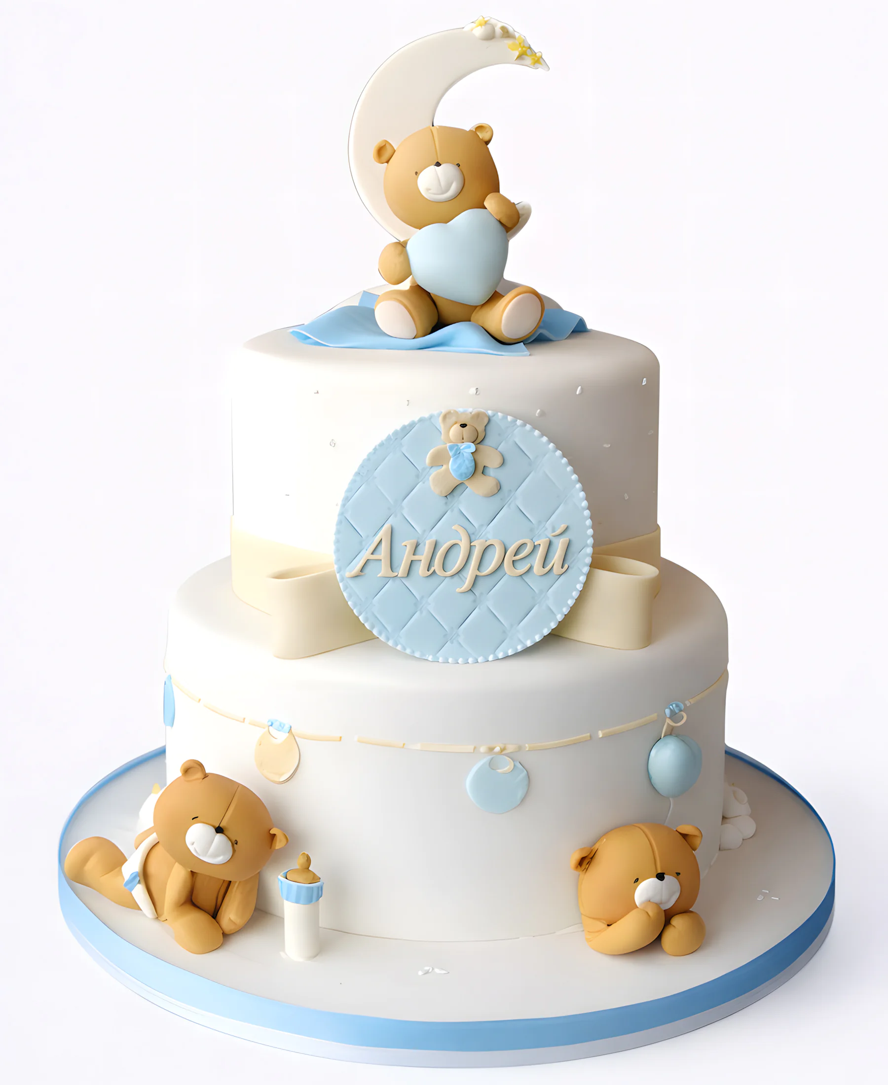 Торт для новорожденного мальчика с мишками и надписью Фото