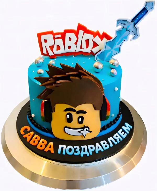 Торт в стиле Роблокс голубой с мечом Фото