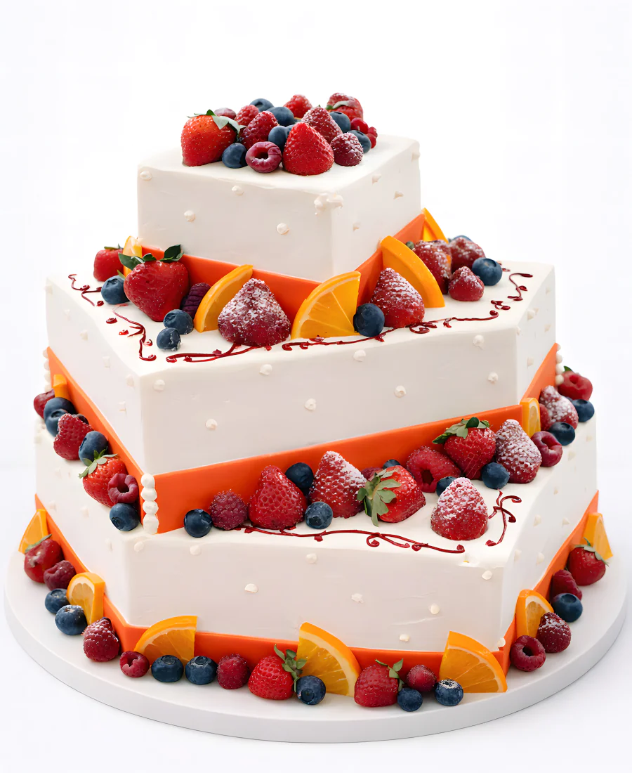 Трёхъярусный квадратный торт с ягодами Фото