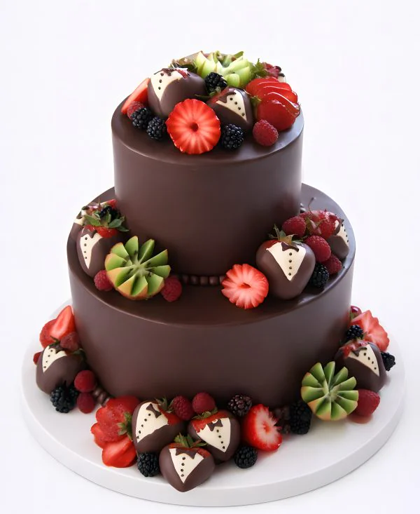 Шоколадный двухъярусный торт с фруктами и ягодами Фото