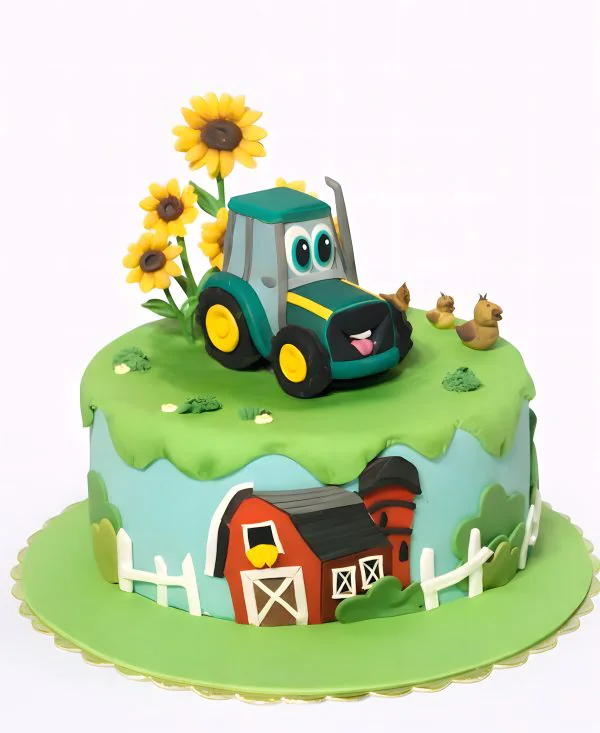 Торт с фигуркой трактора и подсолнухами Фото