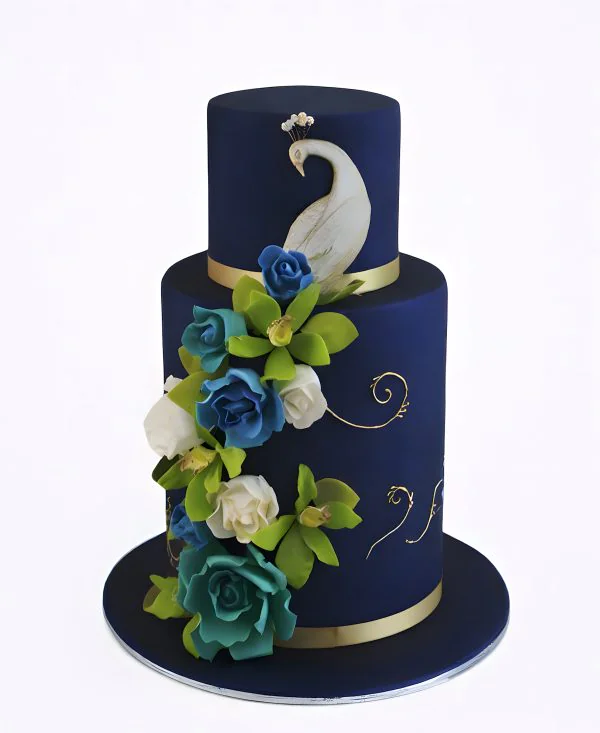 Синий торт Жар-птица с цветами Фото