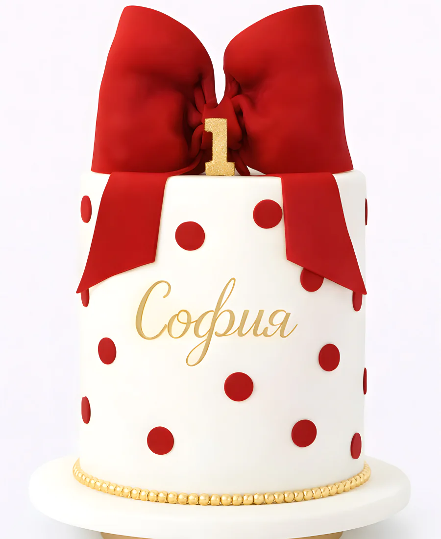 Белый тортик в красную точку с бантом Фото