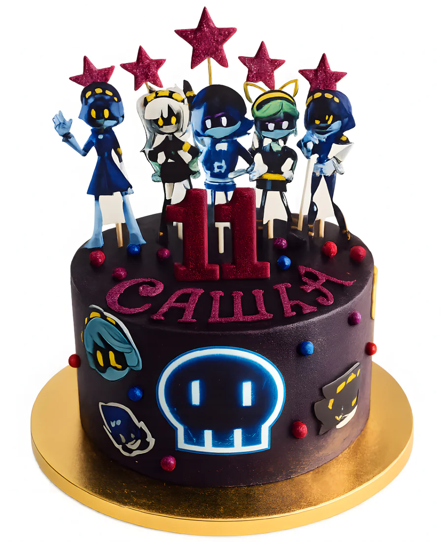 Бордовый торт с символикой сериала Murder Drones Фото