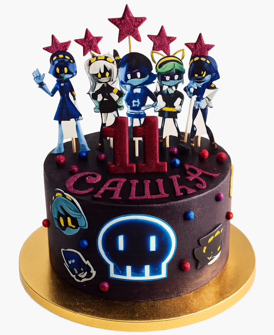 Бордовый торт с символикой сериала Murder Drones Фото