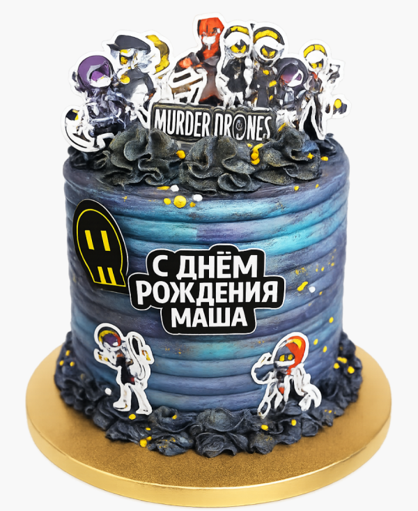 Черно голубой торт с персонажами Murder Drones Фото