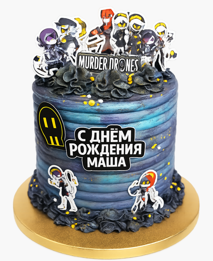 Черно голубой торт с персонажами Murder Drones Фото